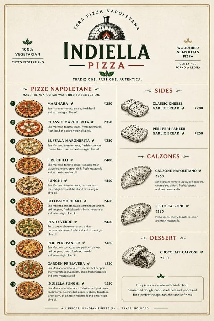 Indiella Pizza Official Menu Card - 100% Vegetarian Woodfired Neapolitan Pizza